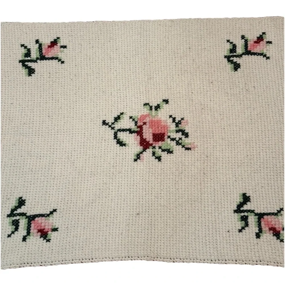 Vintage Handmade Crochet Afghan Blanket Floral Pink Green Fringe Throw 45x52